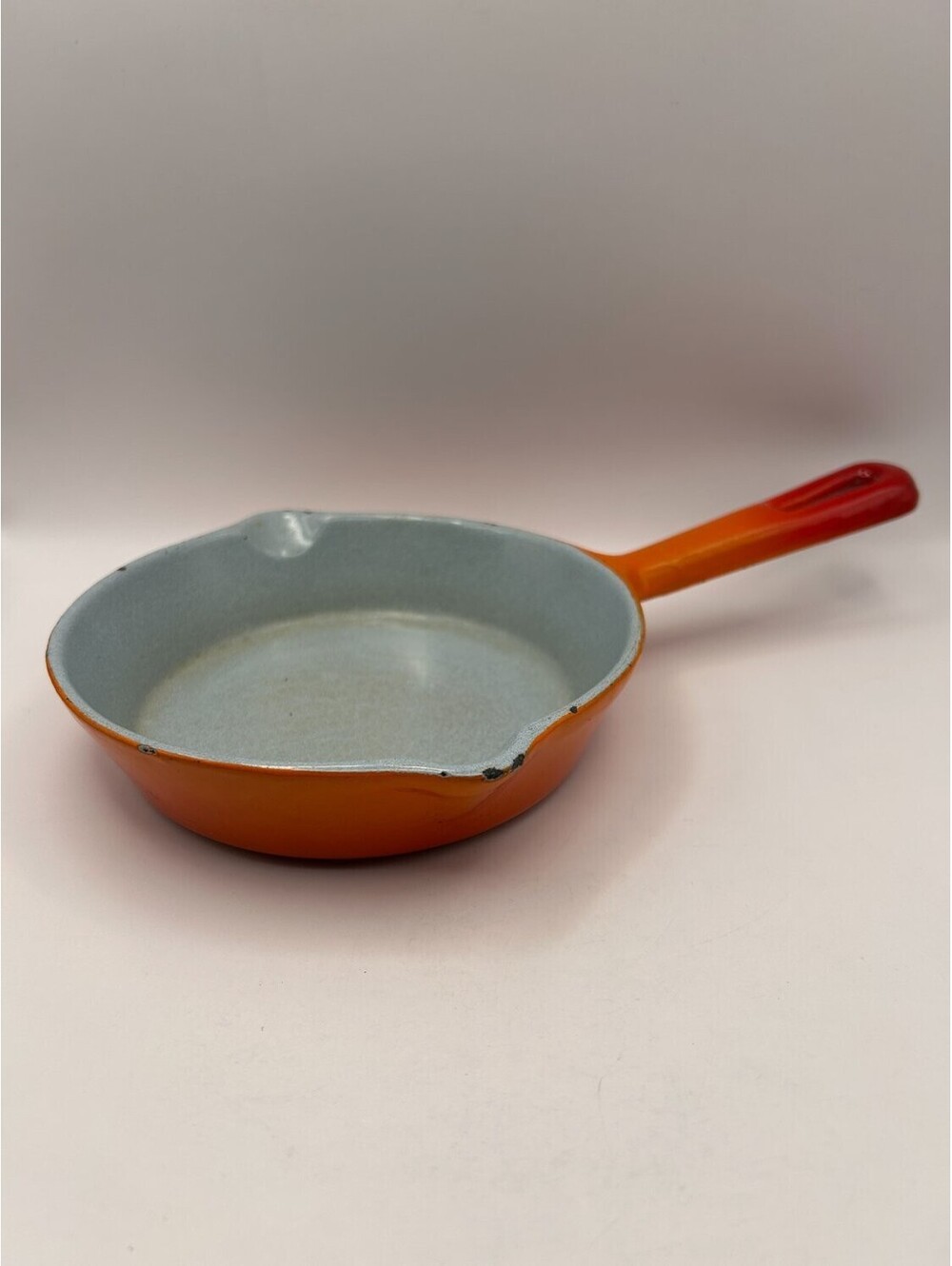 Vintage Levcoware Japan Orange Flame Enameled Cast Iron Skillet Dual Pour Spouts